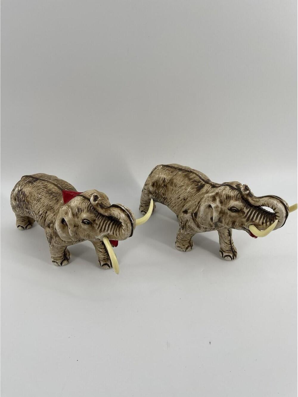 Pair Vintage Plastic Elephant‎ Figurines Ivory Tone Tusks Safari Decor 8”
